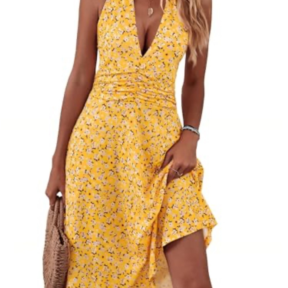 Huhot Yellow Floral Halter Dress